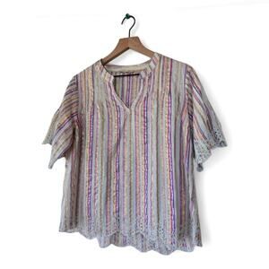 Soft Surroundings Ciel Metallic Stripe Scalloped Eyelet Embroidered Top Size M